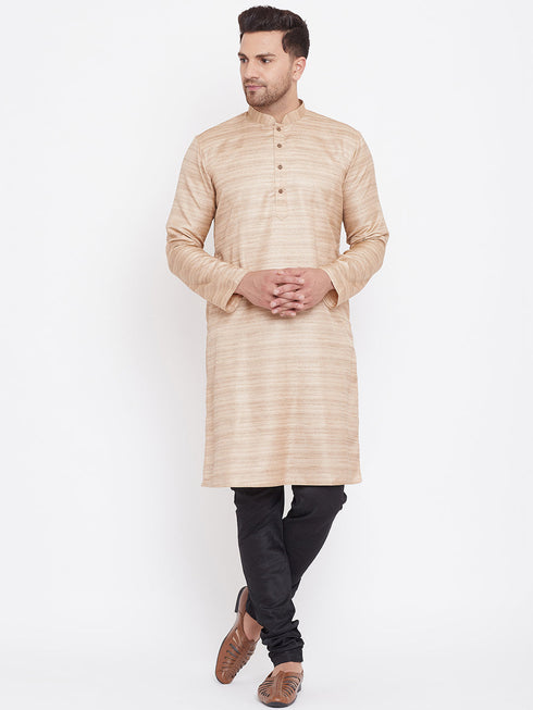 Vastramay Men's Beige And Black Silk Blend Kurta Pyjama Set